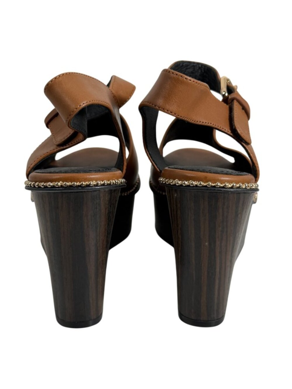 Coach Harla Platform Wooden Wedge Leather Sandals w/ Bead Chain Trim SZ 7.5B EUC - Picture 3 of 7